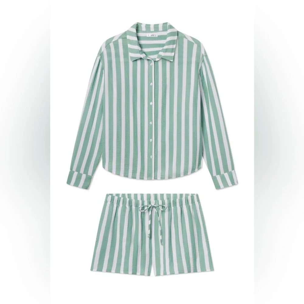 Women's Green & White Striped Button-Front Pajama Set